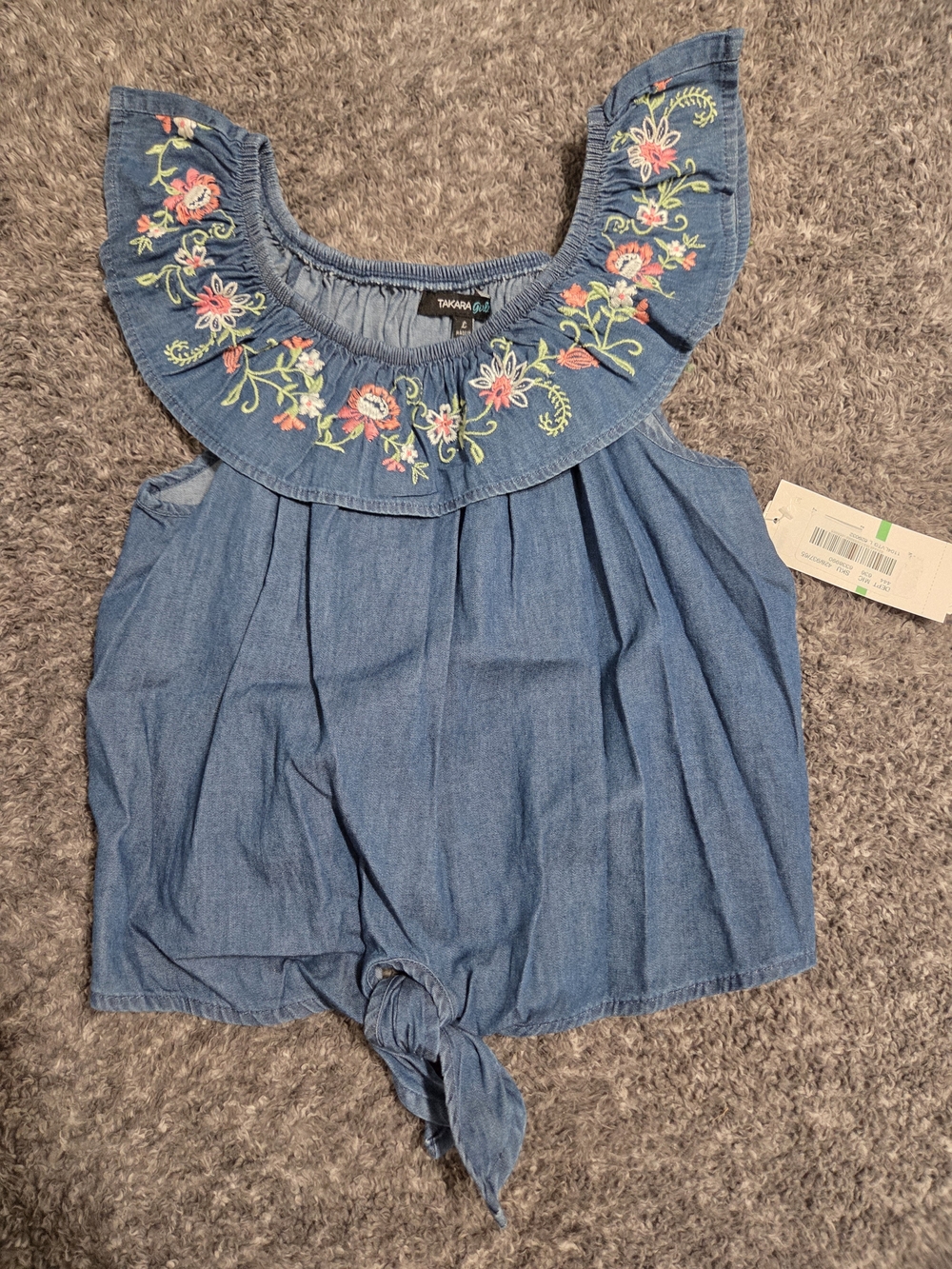 Takara Blue Denim Look Girls Top with Pink & Yellow Embroidery